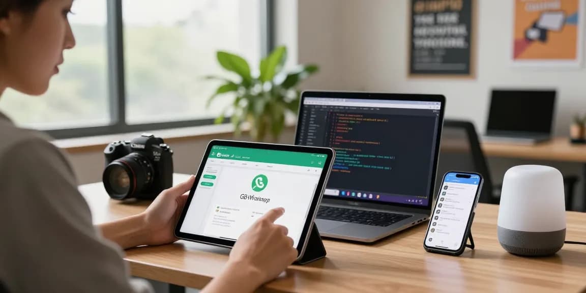 User engaged with the GB WhatsApp app on a tablet in a modern workspace, surrounded by tech tools and a cozy office atmosphere.