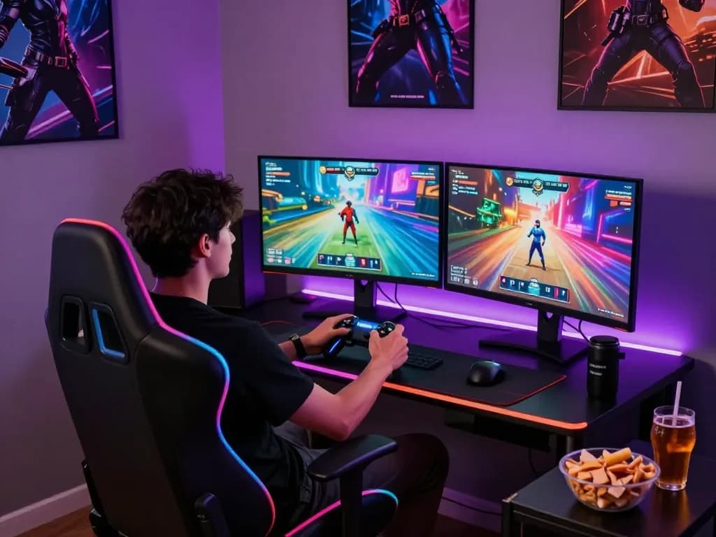 Engaging environment of a player immersed in a sex game featuring vibrant graphics and a modern gaming setup.