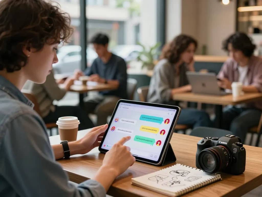Engaging in crush on ai chat at an urban café with vibrant AI interface.