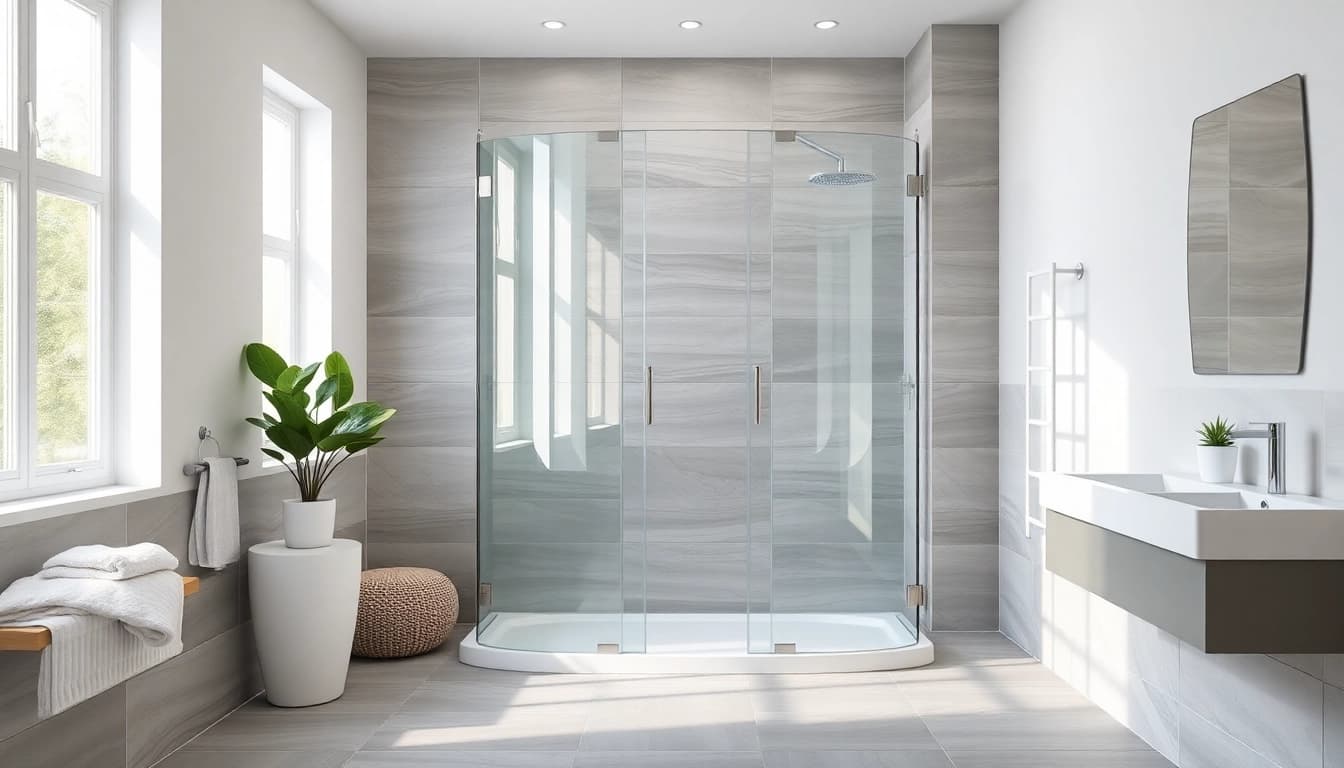 Dusche 100x100 im eleganten Badezimmer mit stylischen Fliesen und natürlichem Licht.