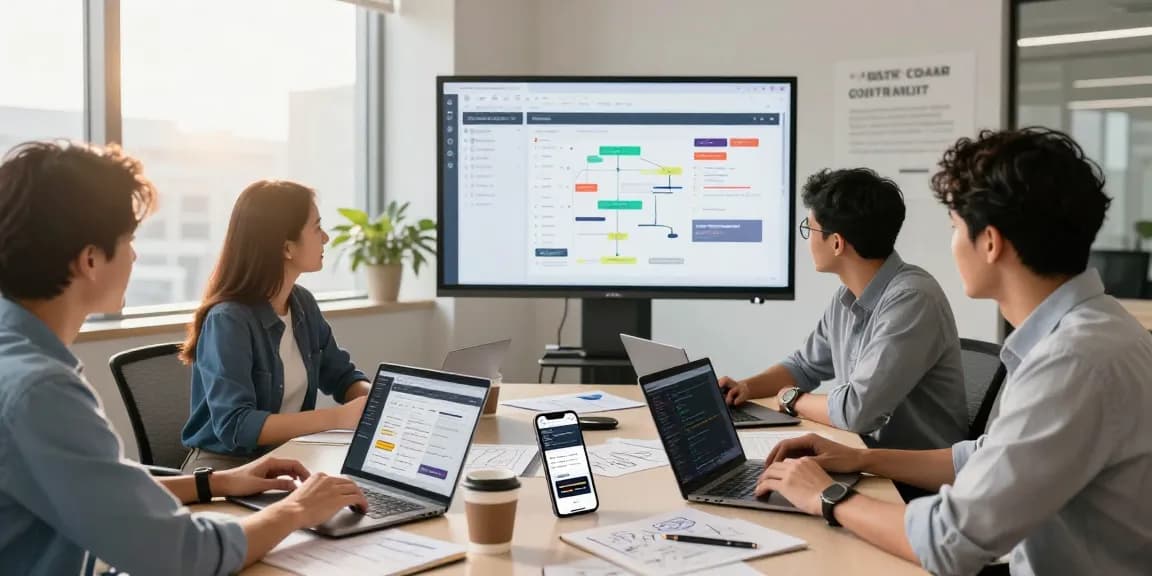 Collaboration in a modern web development office showcasing website builder Malaysia project dynamics.