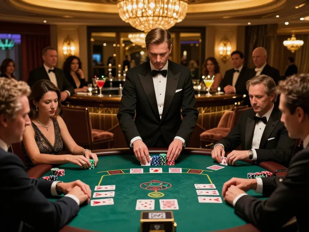 Players at the Fly88 movie blackjack table strategizing their next move in a luxurious casino setting.