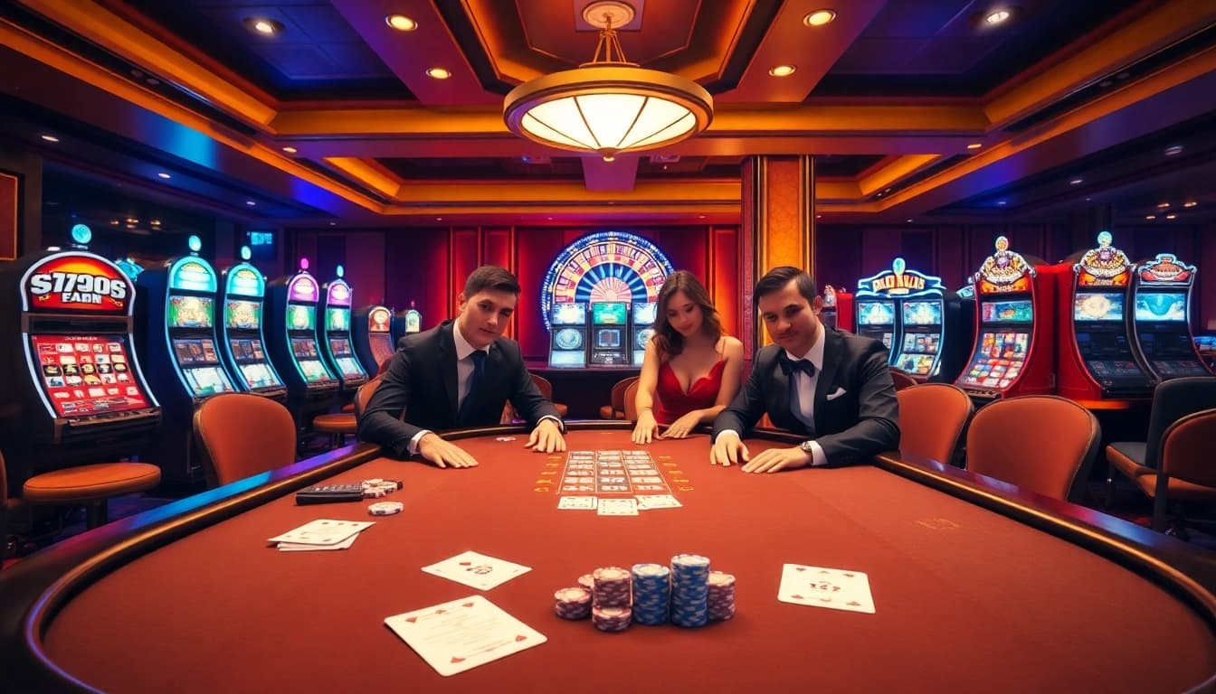 A thrilling poker game at 13win com showcases players with poker chips, cards, and a roulette wheel in a vibrant casino.