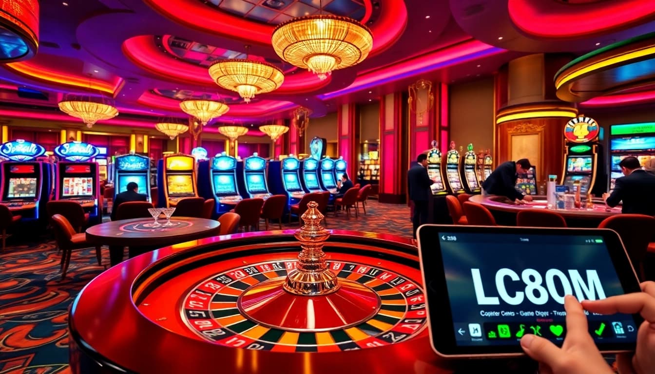 Enjoying an engaging game at LC88 COM casino, featuring poker and vibrant slot machines.