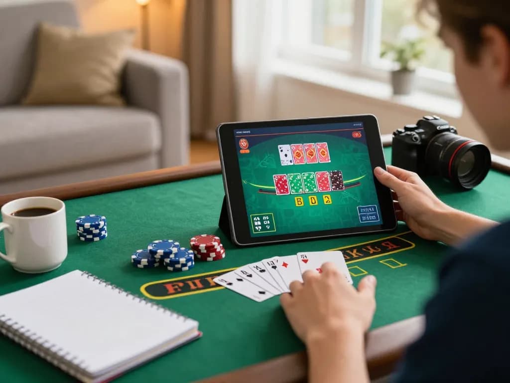 Engaging in strategic blackjack gameplay on 33win in a cozy home setting with tablet and notes.