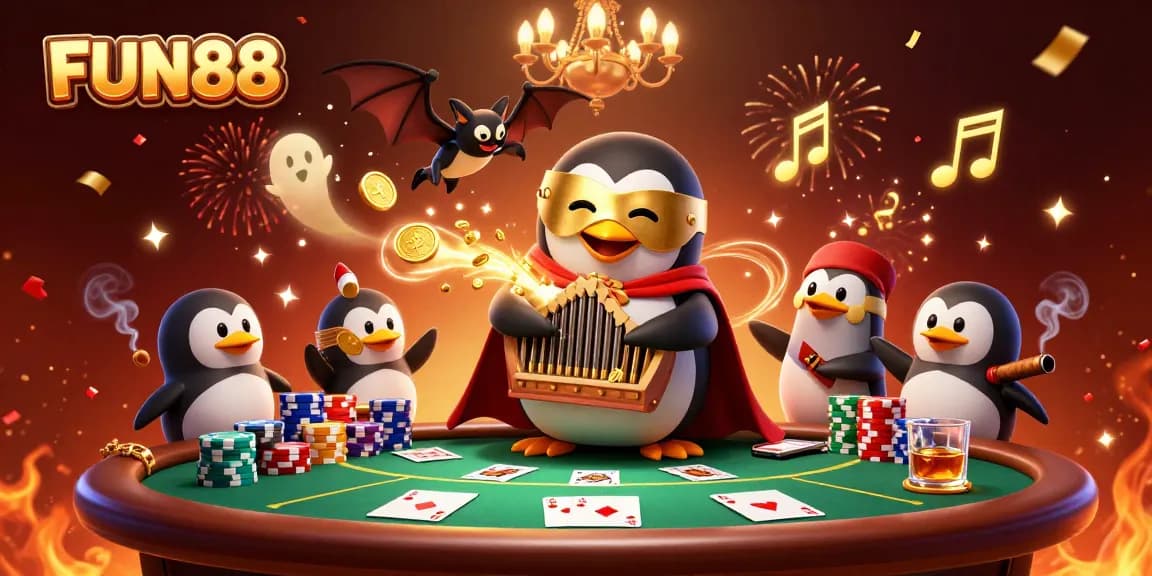 Experience the excitement of FUN88 with a vibrant casino scene featuring winning poker moments.