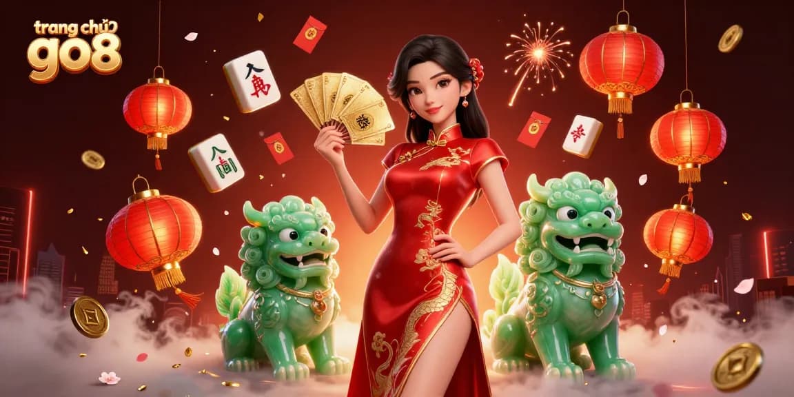 Experience the excitement at trang chủ go8 with golden cards, lion guardian, and festive elements.