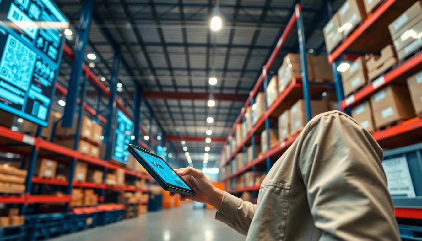Digital traceability system in action with QR codes and RFID tags tracking products in a modern warehouse.