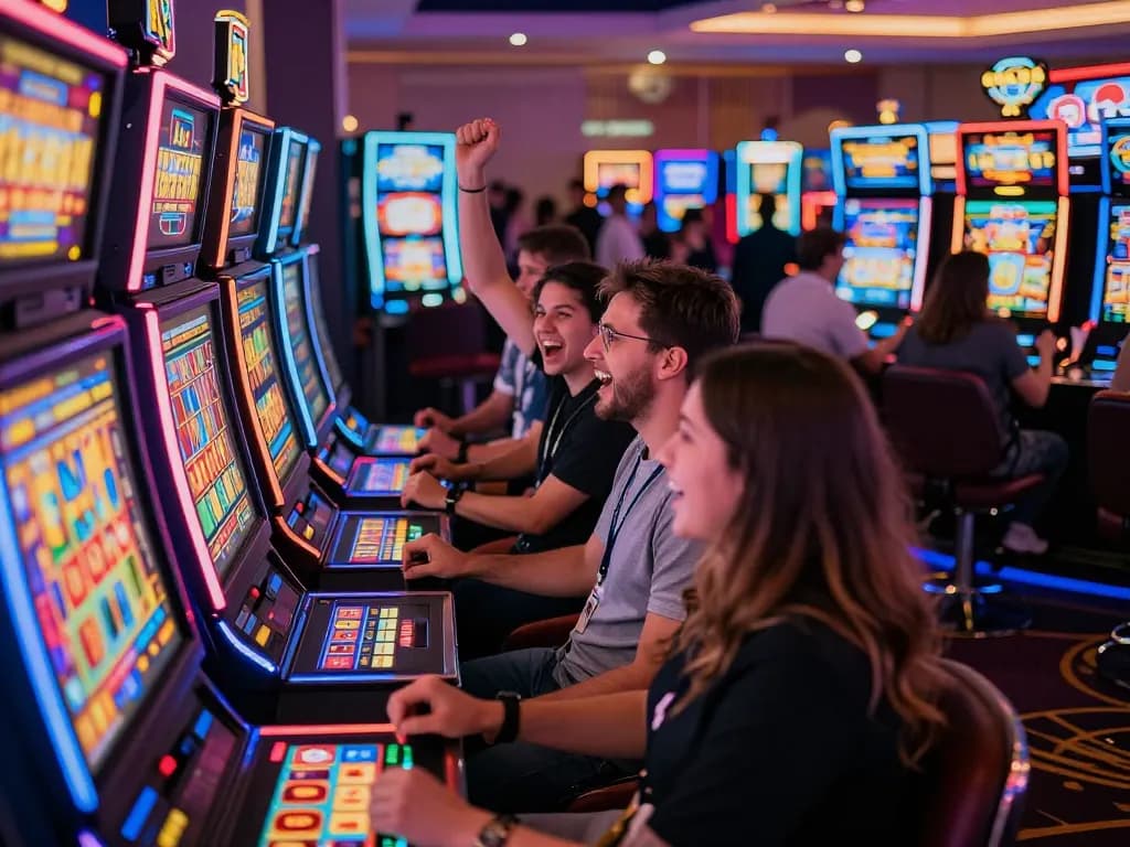 Celebrate wins at vibrant slot machines in a lively casino atmosphere