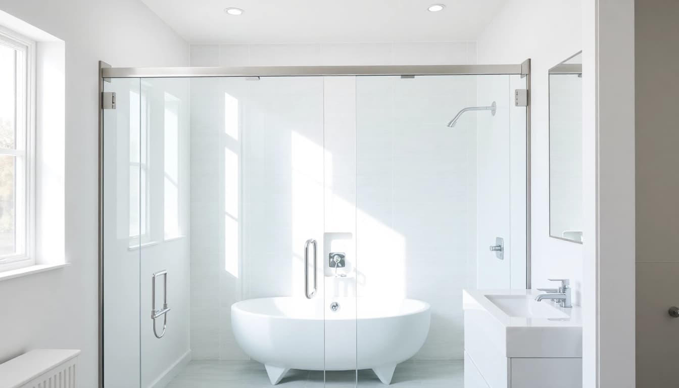 Showcase of modern shower sliding doors enhancing a bright, stylish bathroom.
