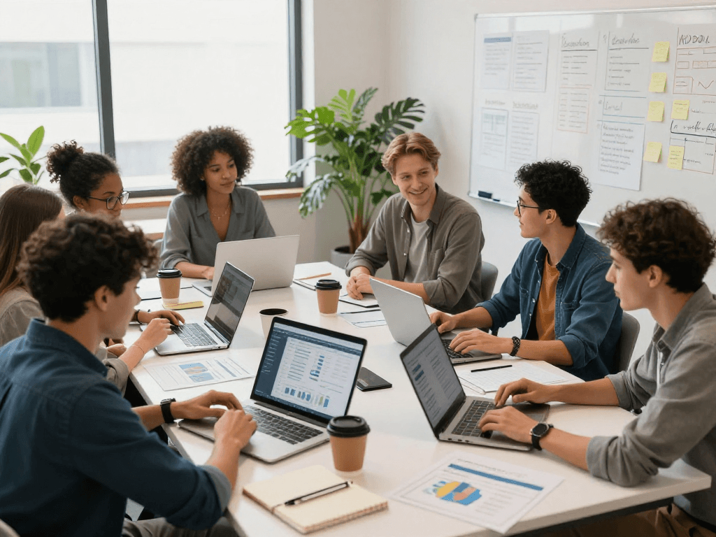 University and trade school graduates collaborating in a lively workspace.