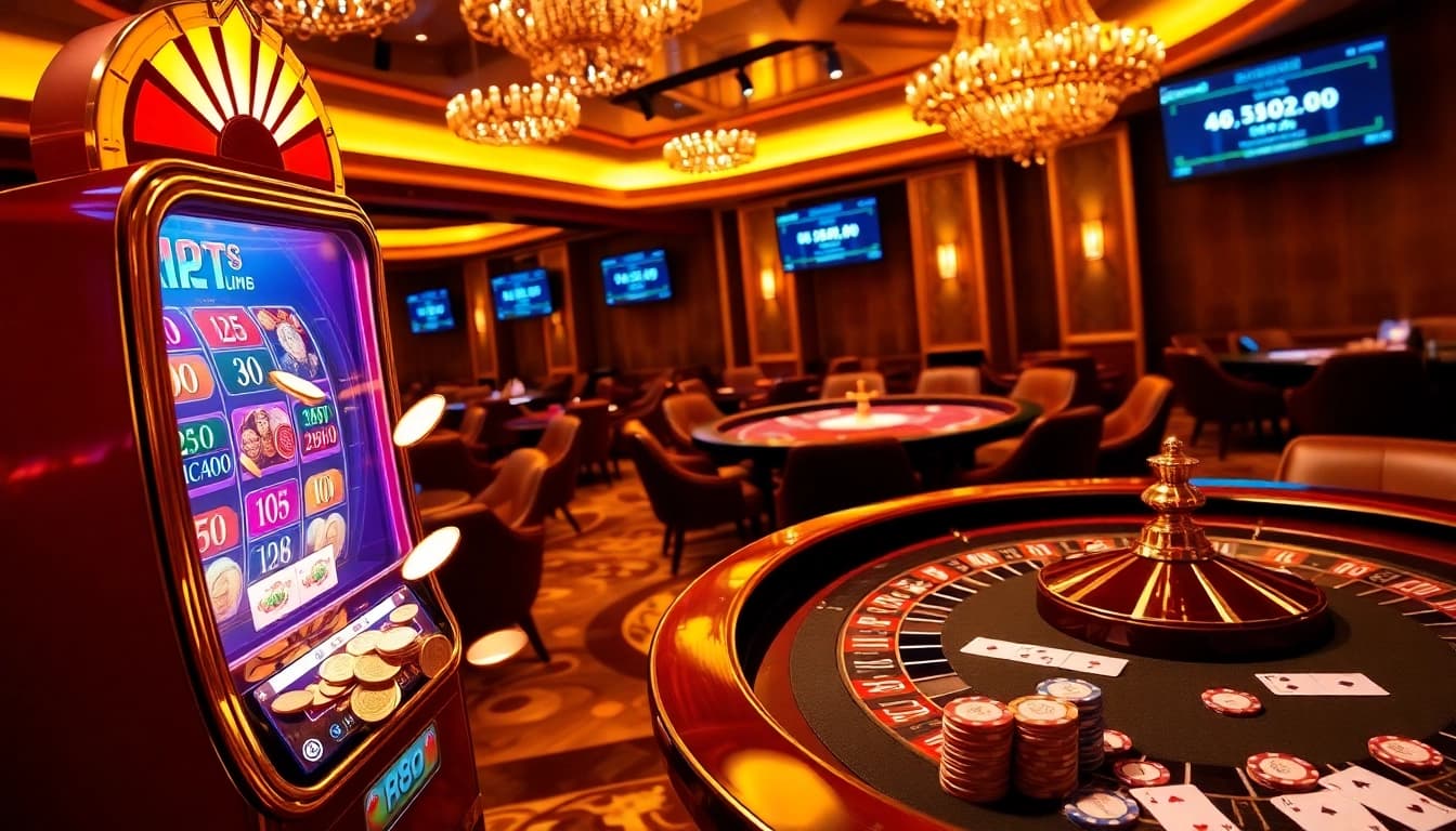 ZK88's luxurious casino ambiance with vibrant slot machines and a high-stakes poker table.