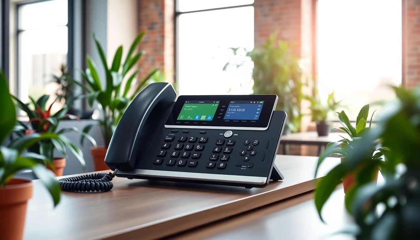 Showcasing an advanced digital telephone system set in a bright office environment.