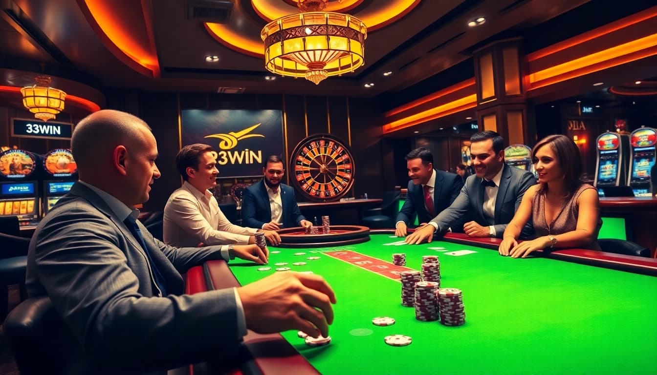 Engaged players at a poker table in 33WIN casino, showcasing excitement and high-stake gaming.