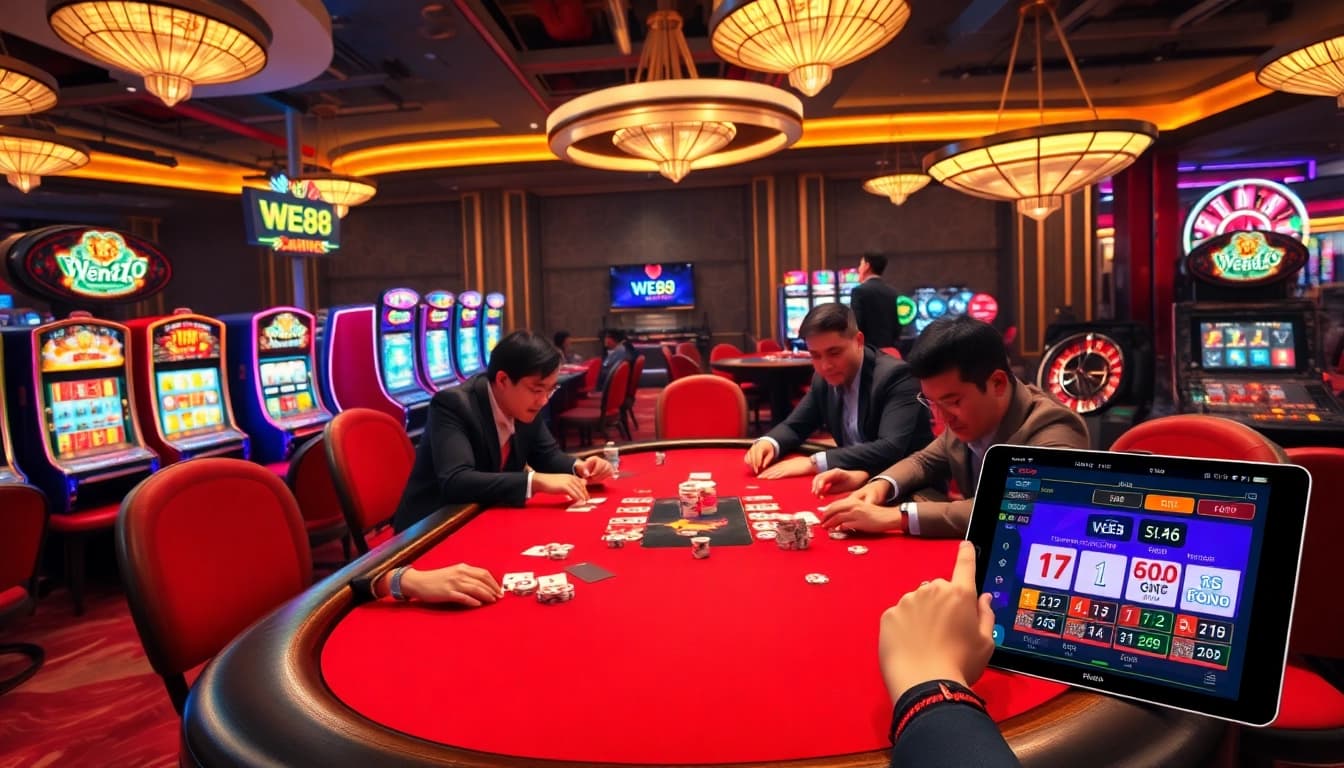 WE88 poker players compete at a vibrant casino table showcasing excitement and luxury.
