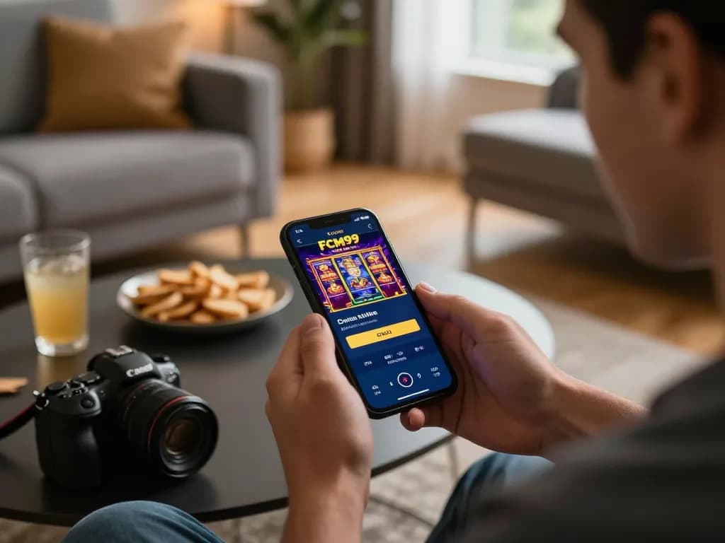 Player using FCM99 login on smartphone to enjoy online casino games in a cozy home setup.