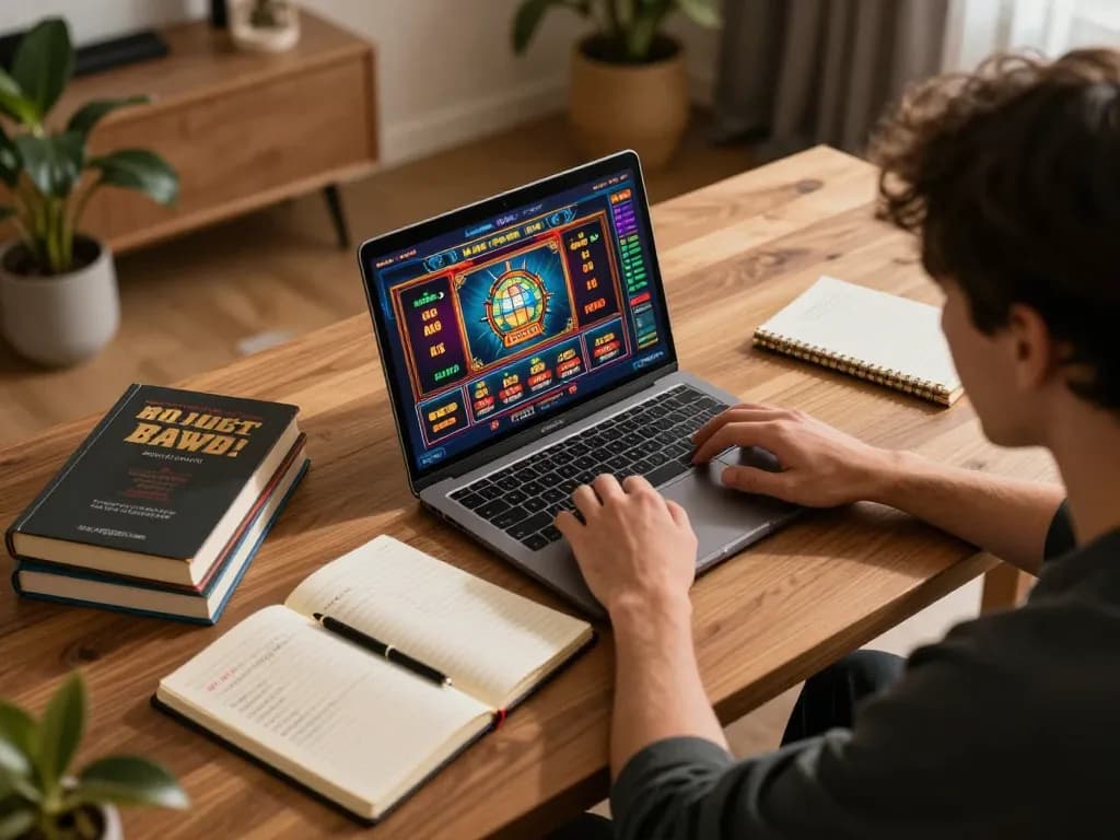 Engaging in Game nổ hũ uy tín at a cozy online gaming setup with warm lighting.