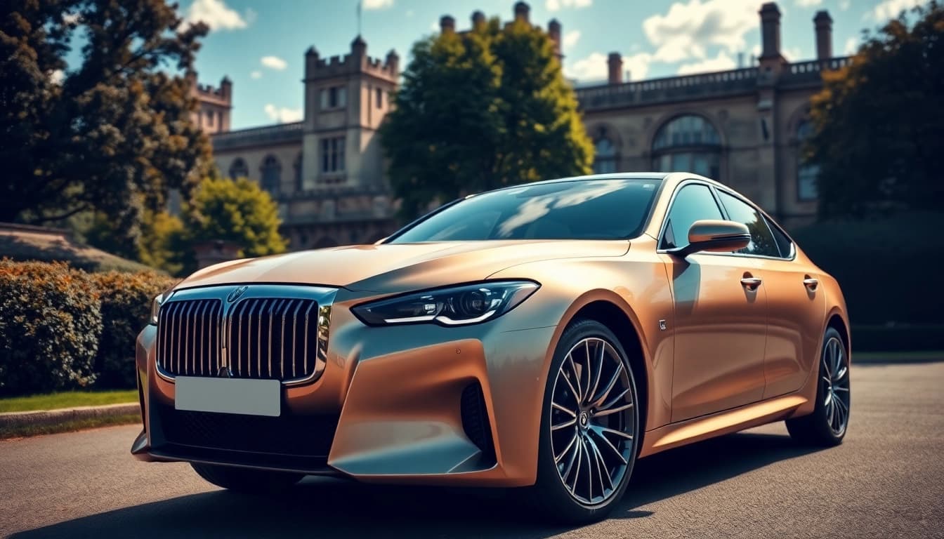 Windsor luxury car showcased amidst historic architecture and lush greenery.