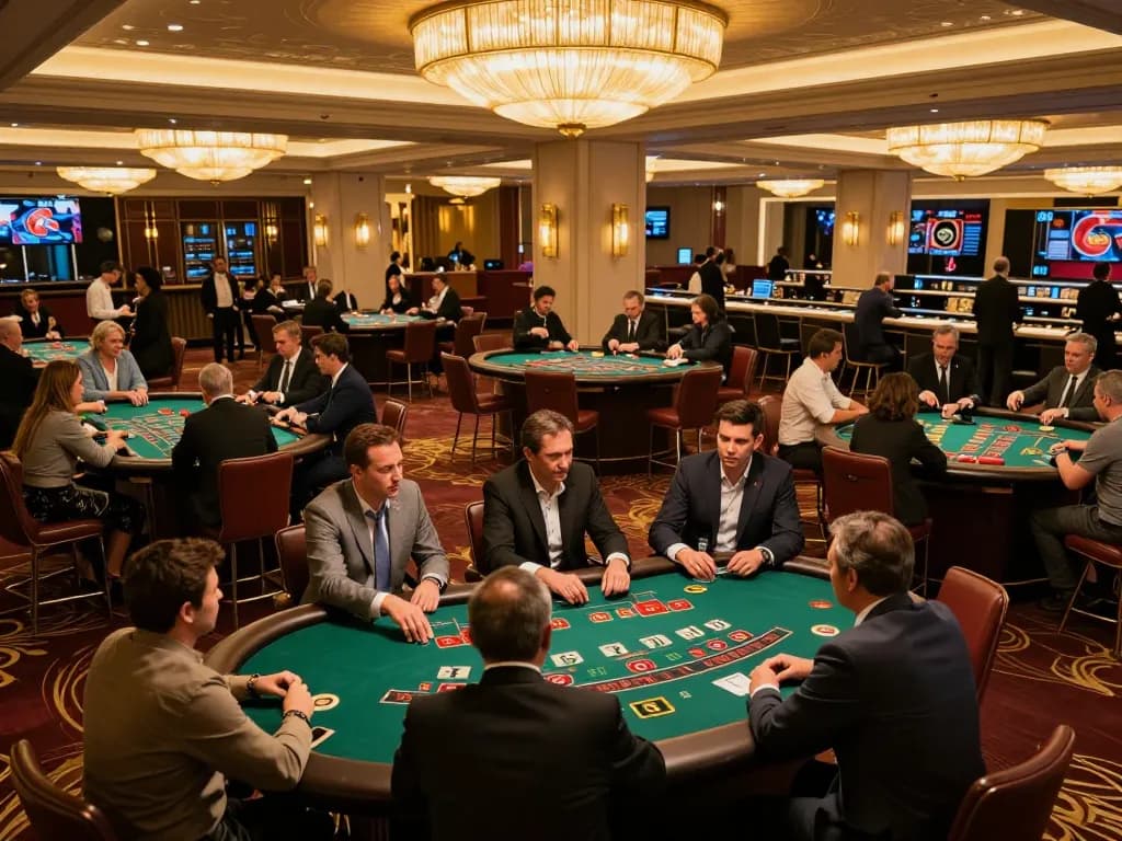 Crown88 players engaging in blackjack at an upscale casino with vibrant decor and warm lighting.