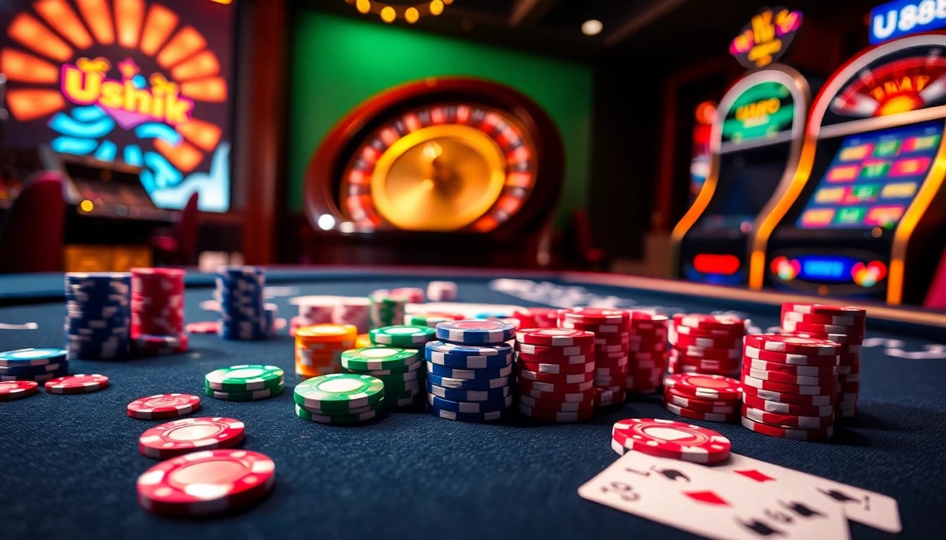 Engage players at Nhà cái U888 with an inviting casino scene featuring poker chips and cards.