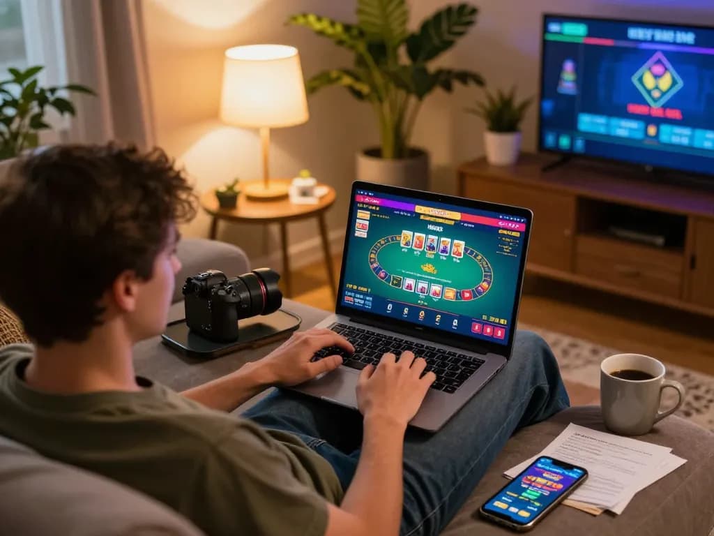 Engaging gameplay on 789bet's online casino as a player uses a laptop at home