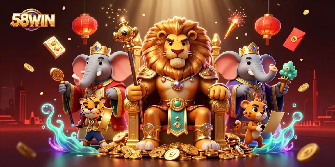 Experience the thrilling world of 58WIN with vibrant slot machines and triumphant characters.