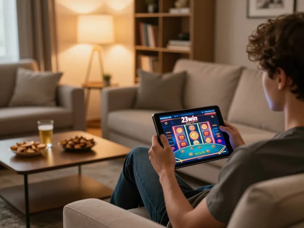 Player engages with 23win online casino on tablet in cozy home setting, reflecting modern gambling.