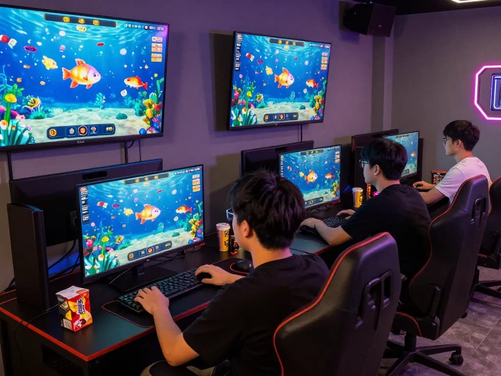 Engaged gamers shooting fish in vibrant digital environment, showcasing excitement at https://fun79.bio/.
