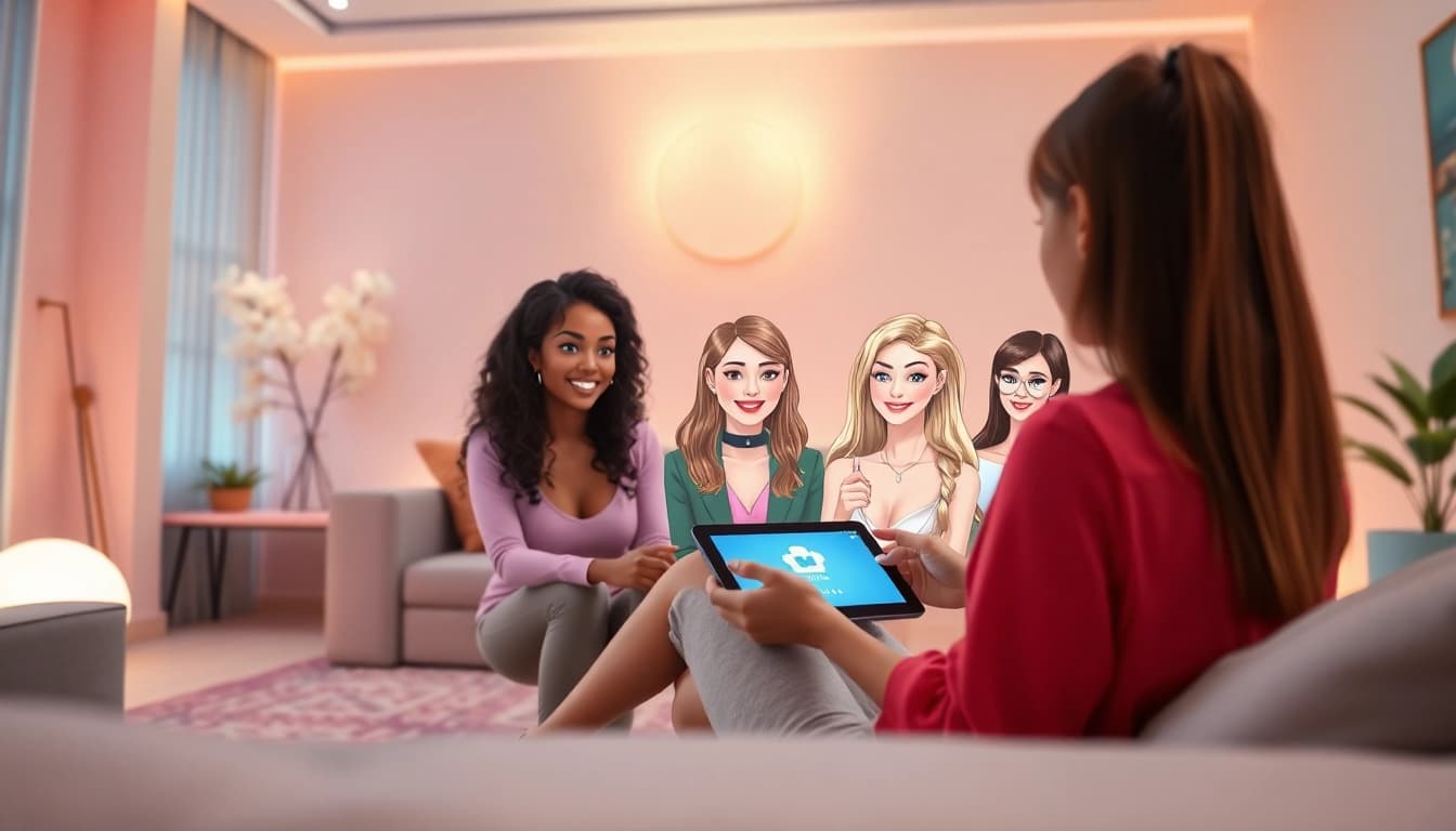 Engaging chat with an AI girlfriend, showcasing modern tech and a friendly atmosphere.