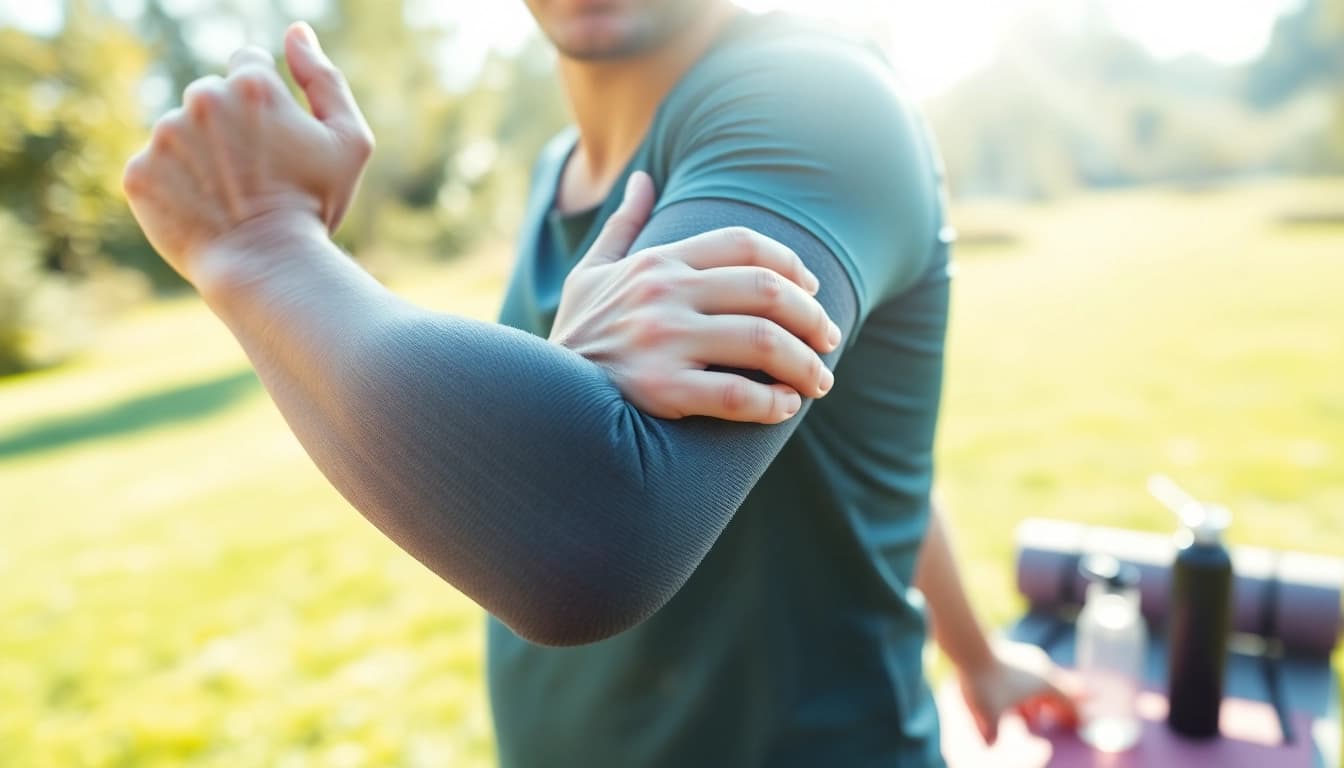 Best elbow compression sleeve for bursitis worn during outdoor exercise, showcasing comfort and support.