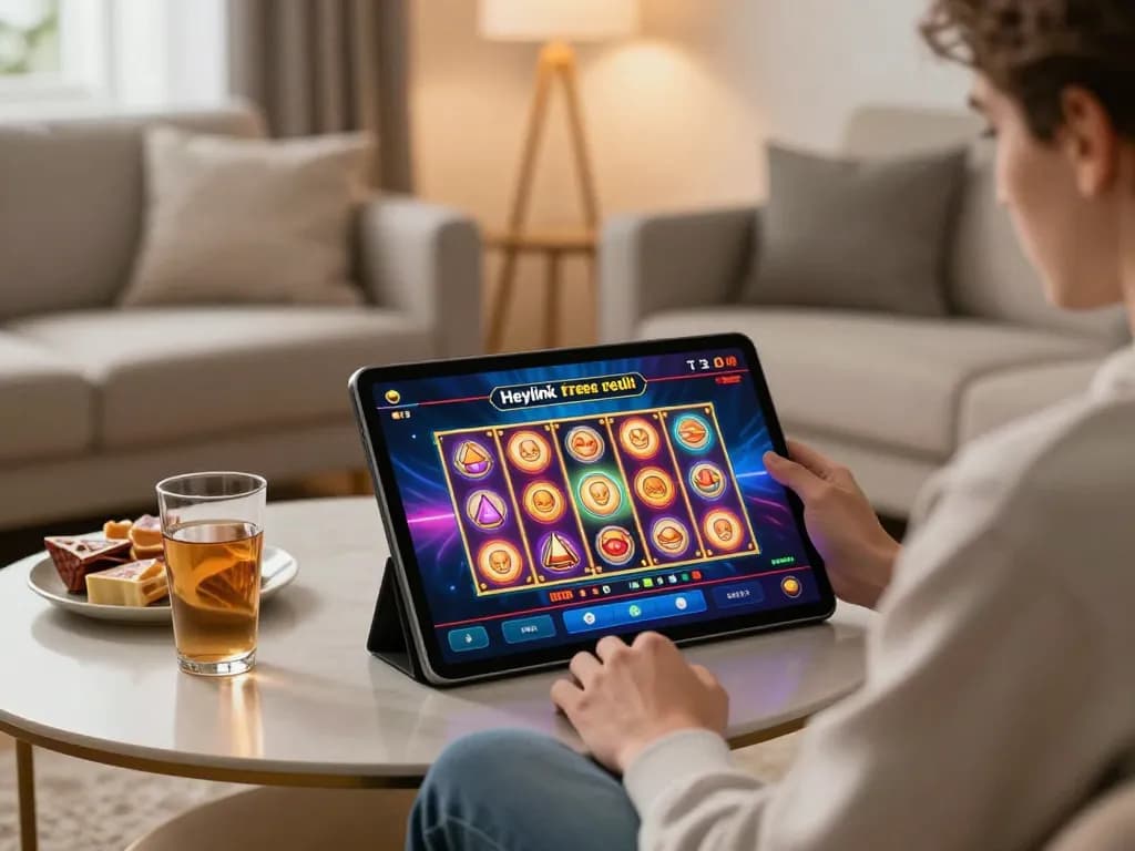 Engaging in online gaming with Heylink free credit 2026 on a tablet in a cozy living room.