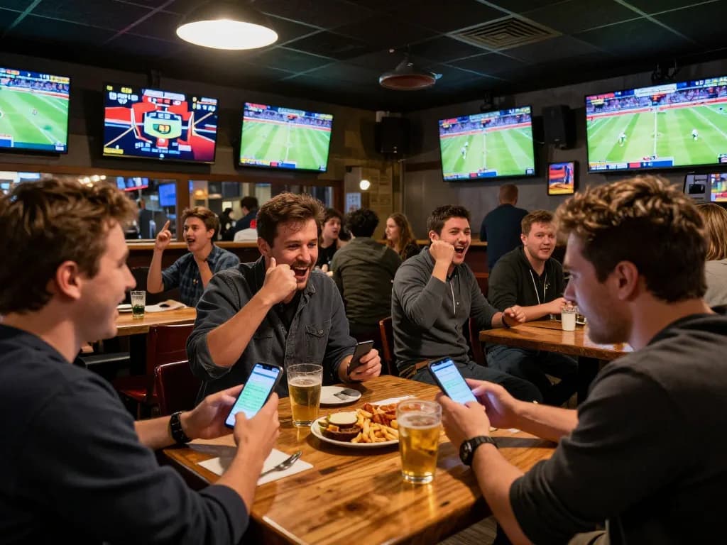 Engaging scene of sports betting with patrons cheering and using apps for tin soi kèo.