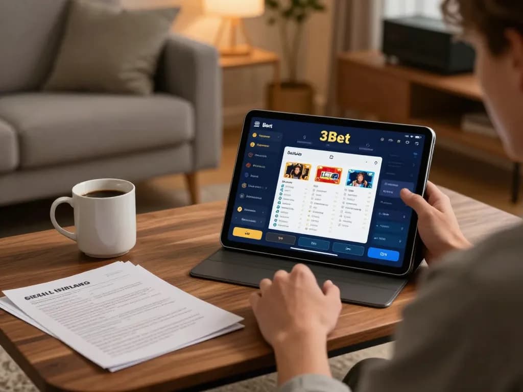 Player using the 3Bet app on a sleek tablet in a cozy, stylish living room while developing strategies.