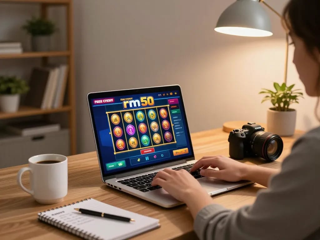 Engaging in free credit rm50 no deposit slot games on a laptop at home, cozy atmosphere with strategic notes.