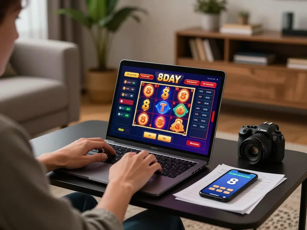Enjoying 8day online casino gaming at home with a laptop and strategic notes.