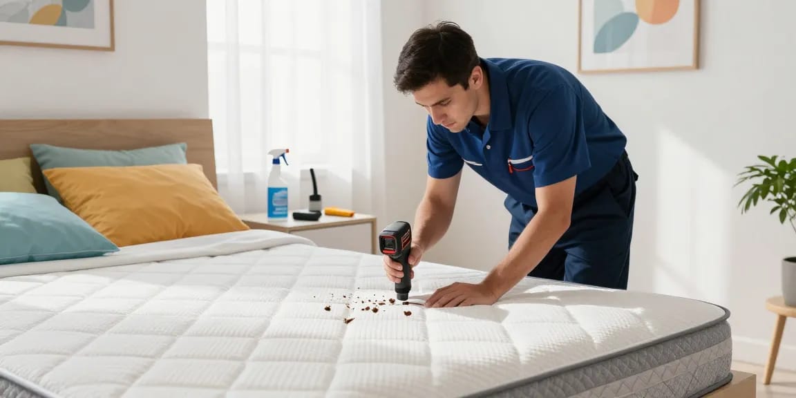 Bed bug treatment expert inspecting for bed bugs in clean bedroom environment