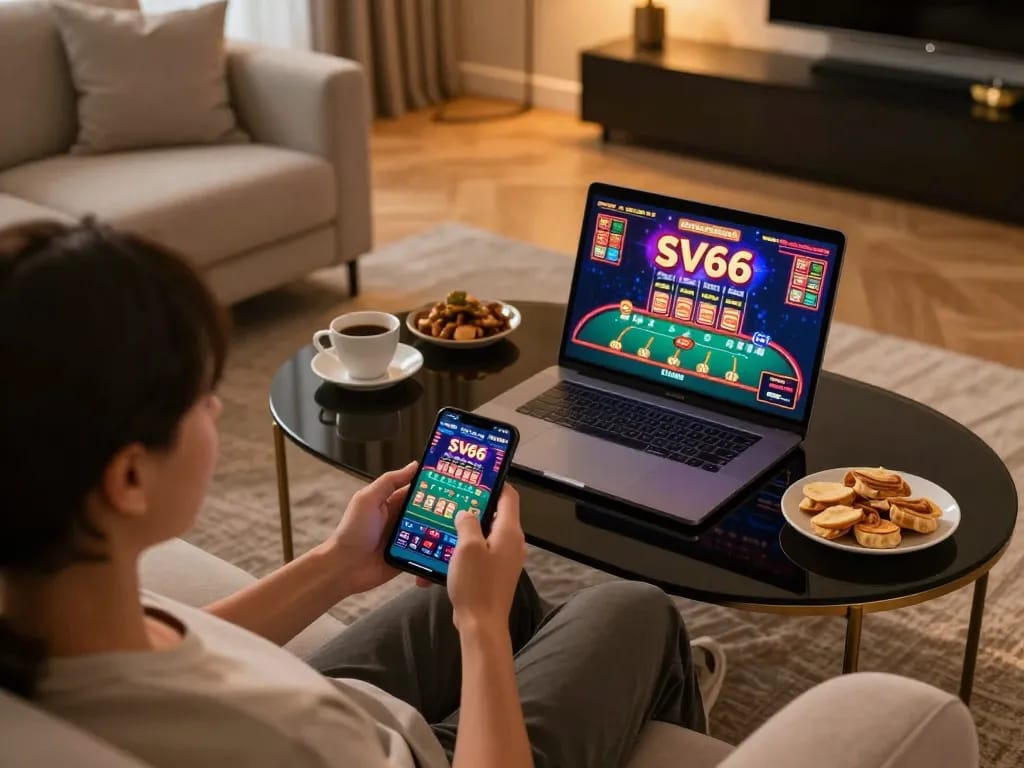 Engaging with the SV66 casino app on smartphone in a cozy home gaming atmosphere, showcasing live dealer games.