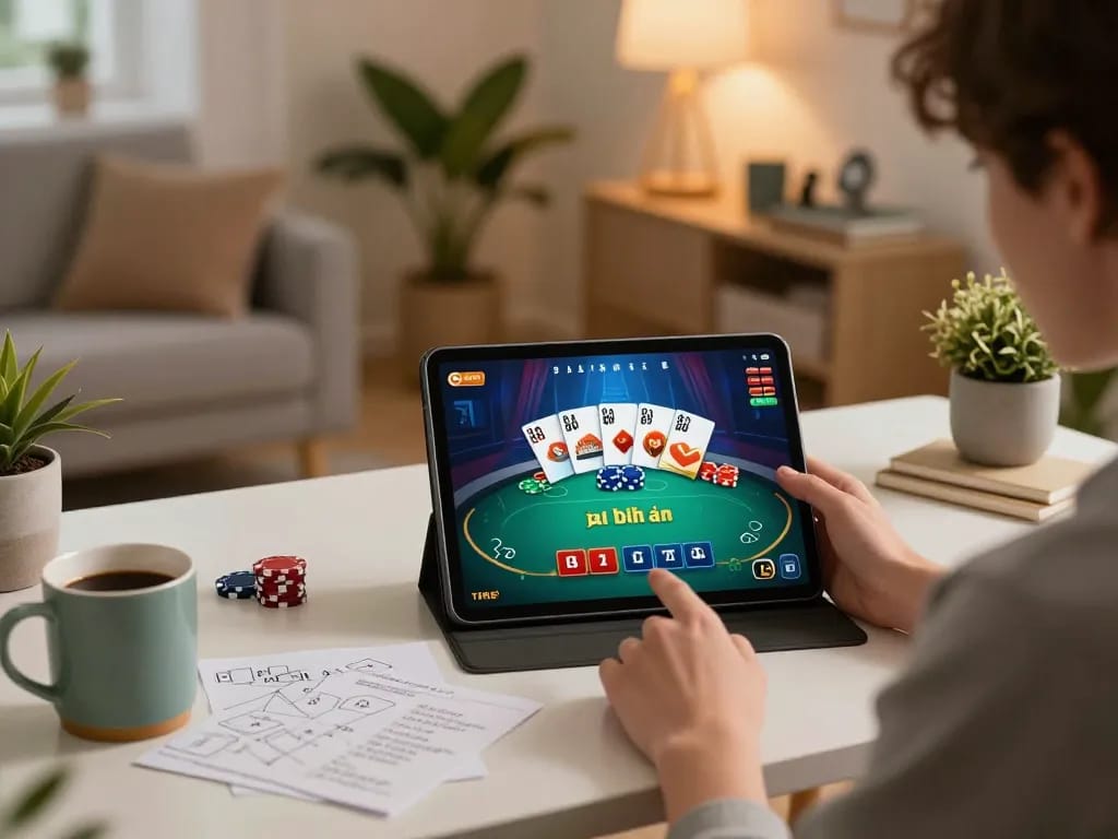 Player strategizing game bài đổi thưởng on tablet in cozy home setup with warm lighting
