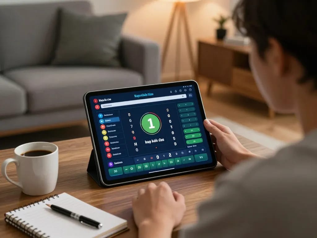 Engaging tablet view of kèo nhà cái for online sports betting with warm home setting.