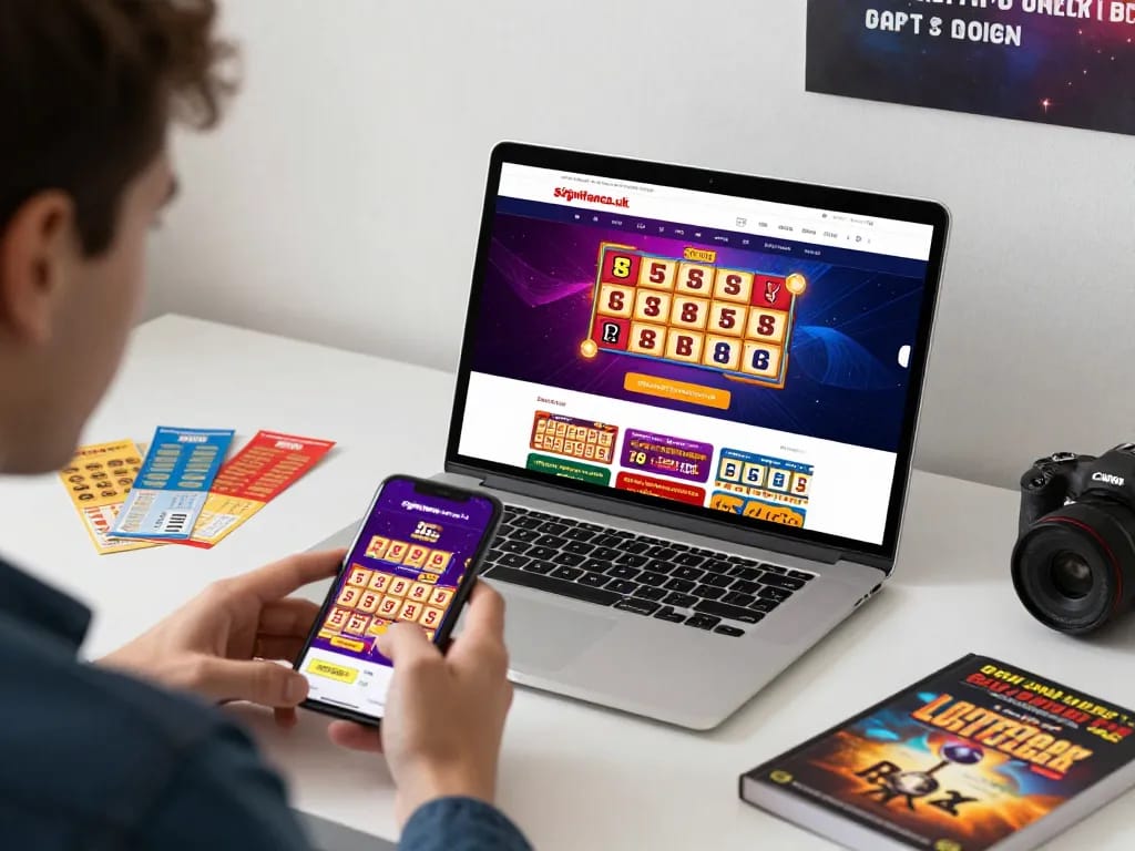 Interactive online lottery platform on significance.uk.com displayed on laptop, reflecting modern home office with engaging atmosphere.