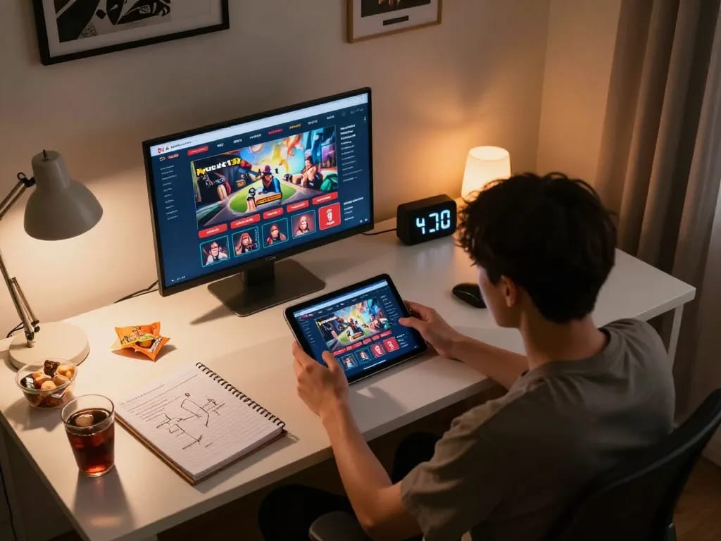 Pucuk138 player engaging in online gaming with a tablet and strategy notes in a cozy home office
