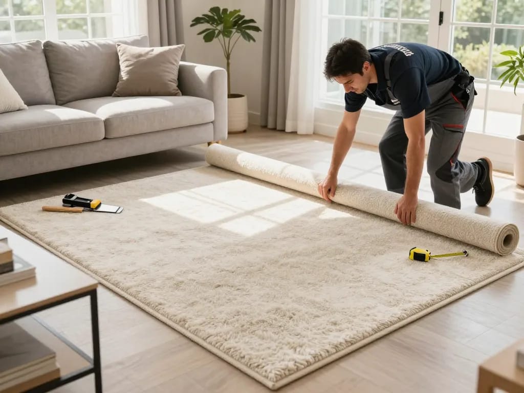 Carpet fitters near me installing plush carpets in a cozy living room, showcasing professionalism and attention to detail.