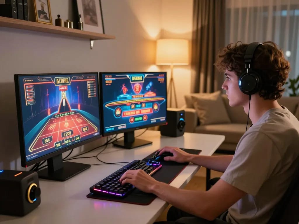Experience thrilling bets at 789win casino from a stylish home gaming setup with multiple screens.