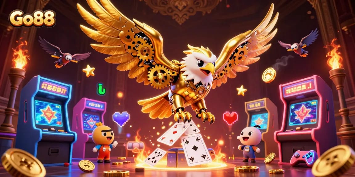Experience exciting gameplay at Go88 with immersive 3D gambling illustrations and vibrant casino elements.