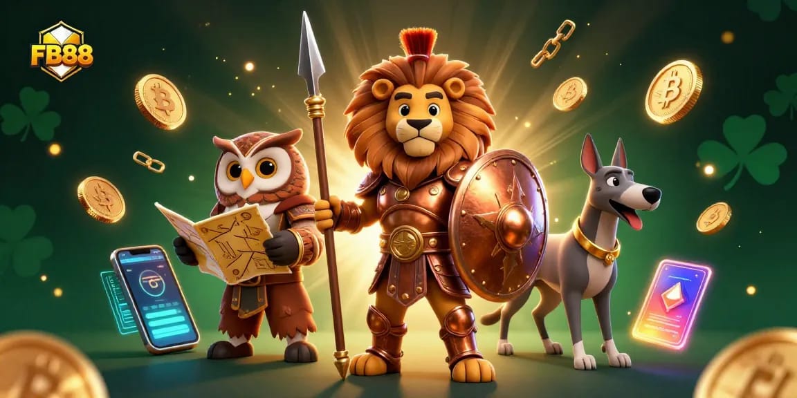 Engage with FB88's vibrant gaming experience featuring a Spartan lion, owl strategist, and greyhound messenger