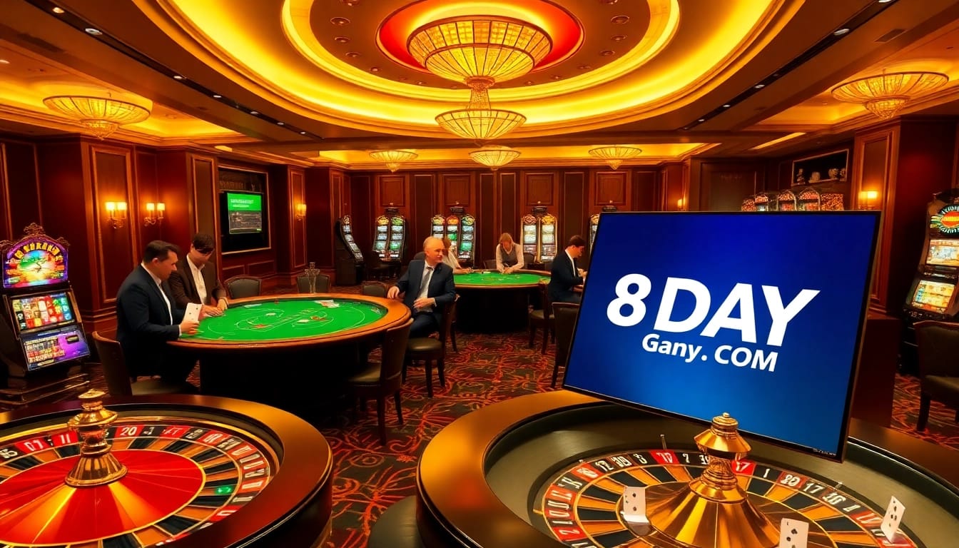 Players enjoying games at an elegant casino featuring 8DAY.COM branding with vibrant lights.