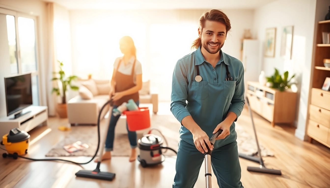 Cleaning services near me team deep cleaning a bright, modern residential space.