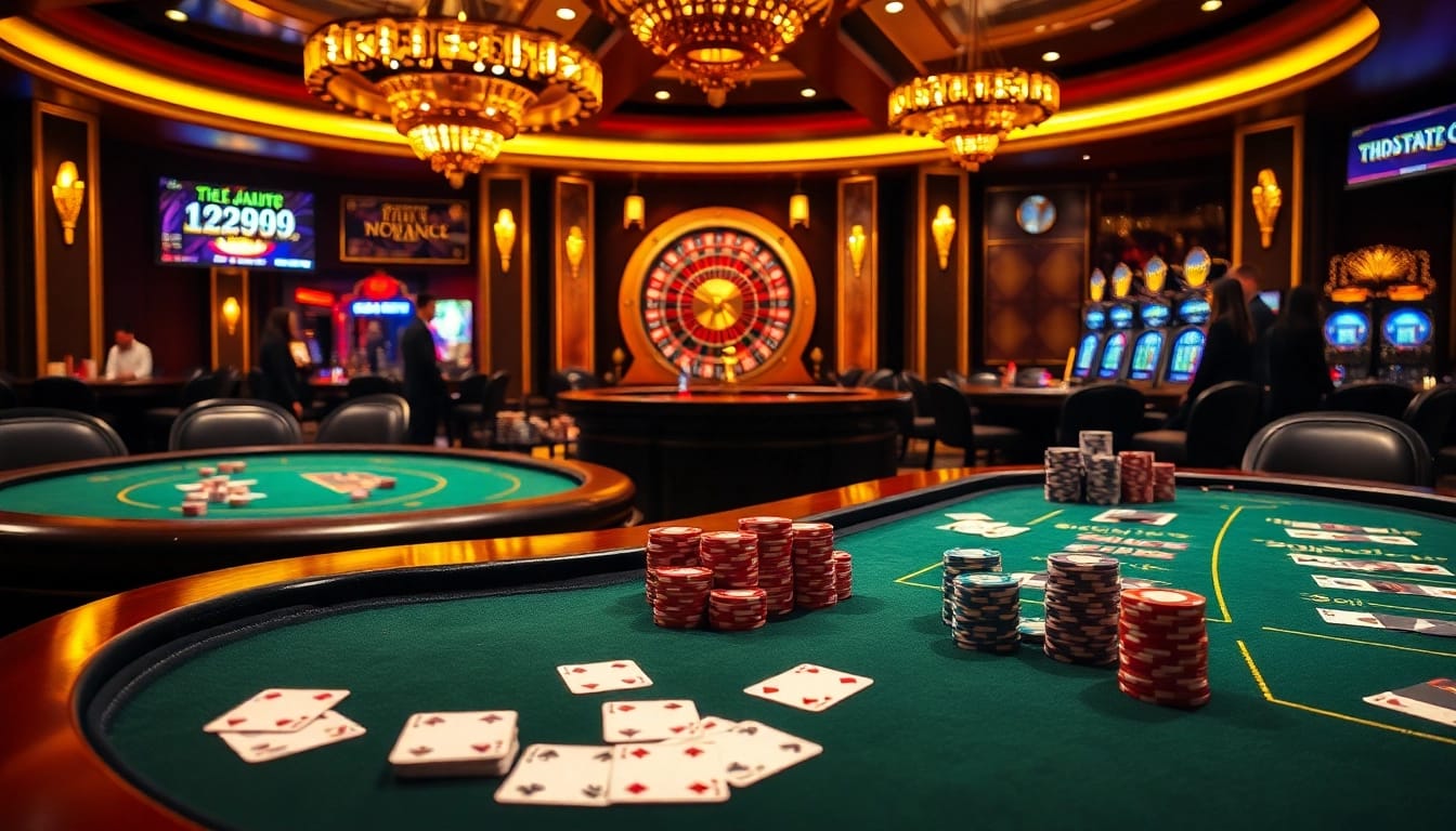Players engaging in a thrilling game at TK999 casino tables, surrounded by luxurious decor.