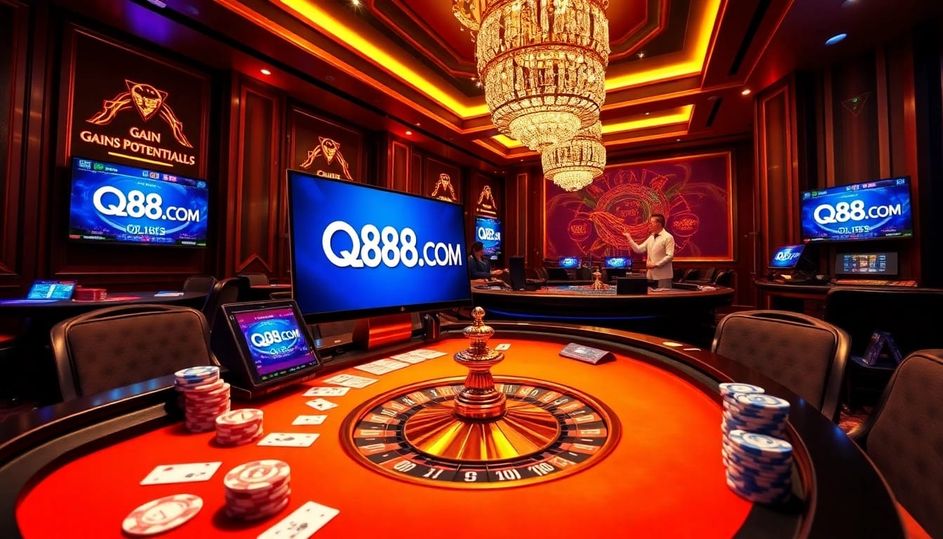 Engaging gambling scene at QQ88 COM with poker chips and roulette, capturing excitement.