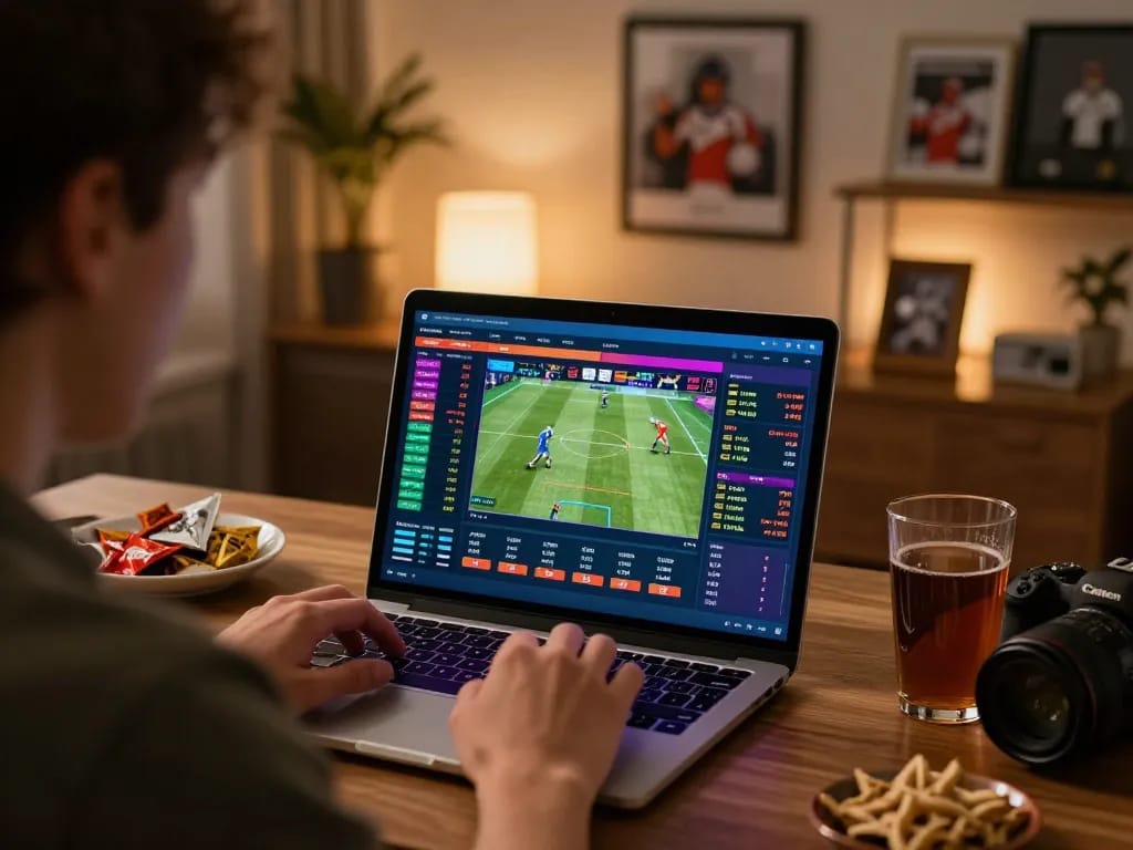 Soi keo nha cai while analyzing live sports betting odds on a laptop in a cozy home office
